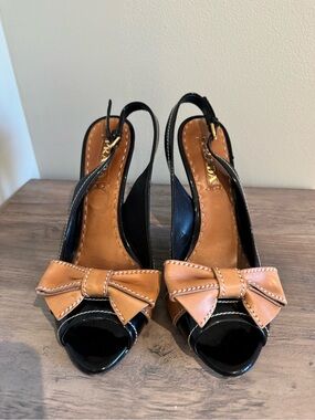 Vintage Prada Black Slingback Peep-Toe Heel with Tan Bow